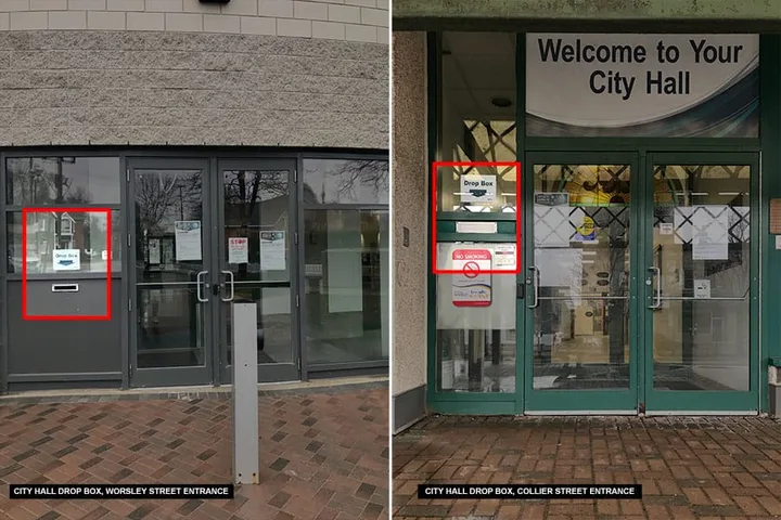 City Hall entrance and payment drop boxes in Barrie. This shows the service building, not the online application process.