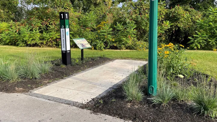 Waterfront Heritage Trail Station 1 with paverstone pathway