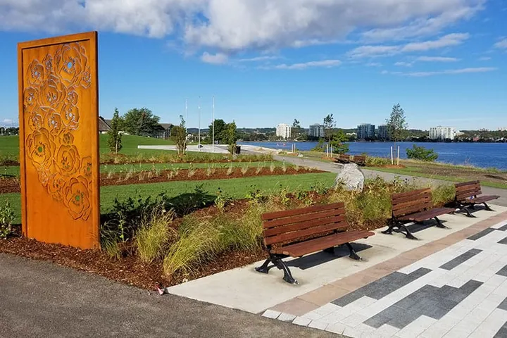 Benches in foreground, Kempenfelt Bay in background
