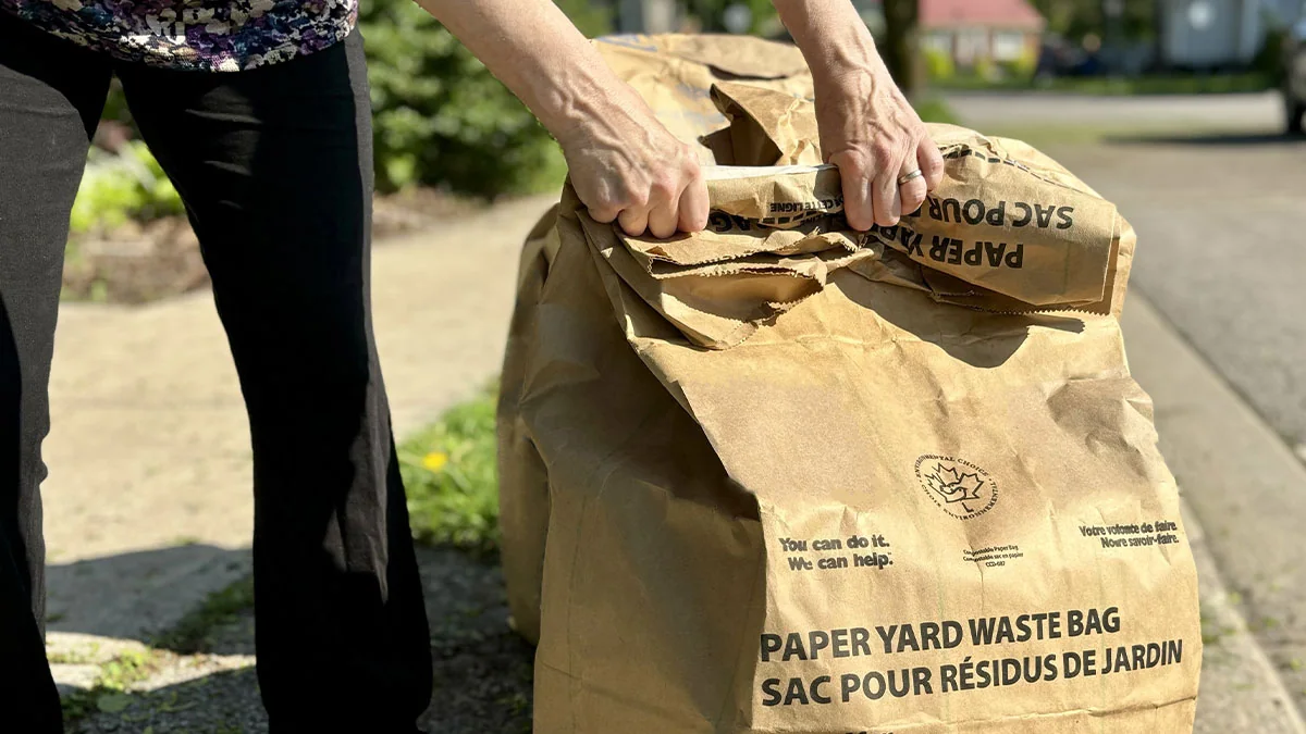 Hands folding paper yard-waste bags at the curb